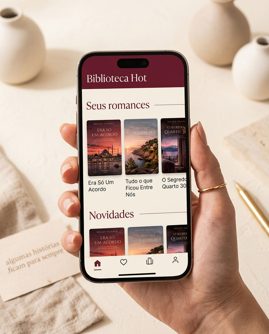 Apresentação ilustrativa do catálogo de romances da Biblioteca Hot no celular